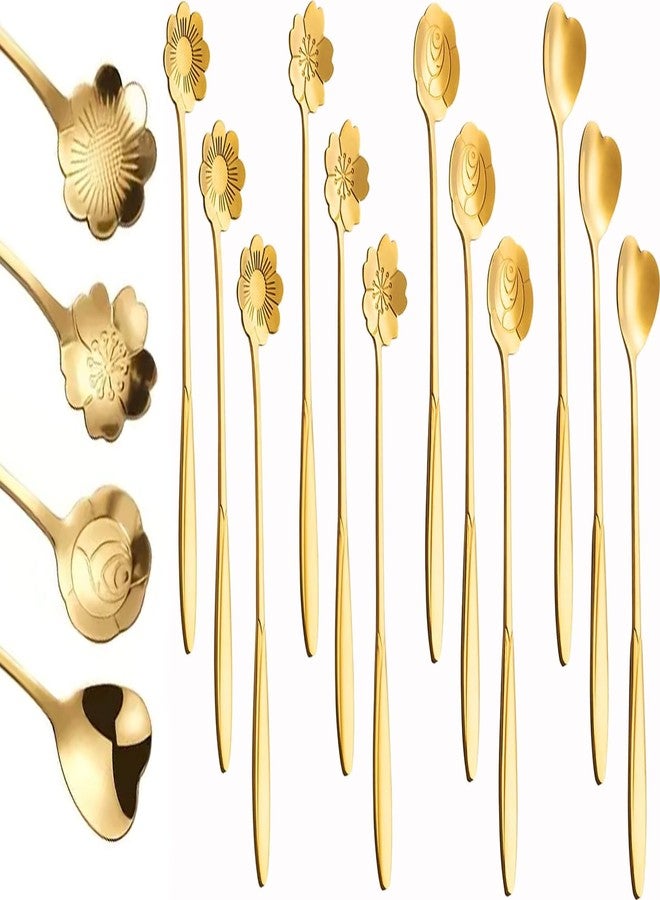 Styllent 12 Pcs Flower Dessert Spoons, Coffee Teaspoon Set Stainless Steel Tableware Sugar Spoon Tea Spoons Cafe Bar Spoon Cute Coffee Teaspoon Mini Tableware for Demitasse Espresso, 4 Styles - Image 1